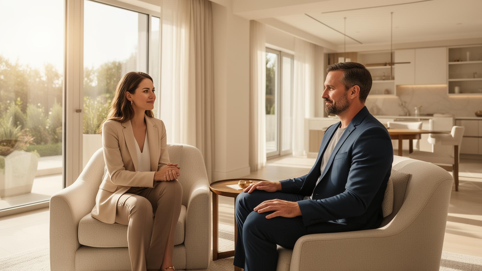 A sober companion meeting with a client after treatment in a bright luxury residence