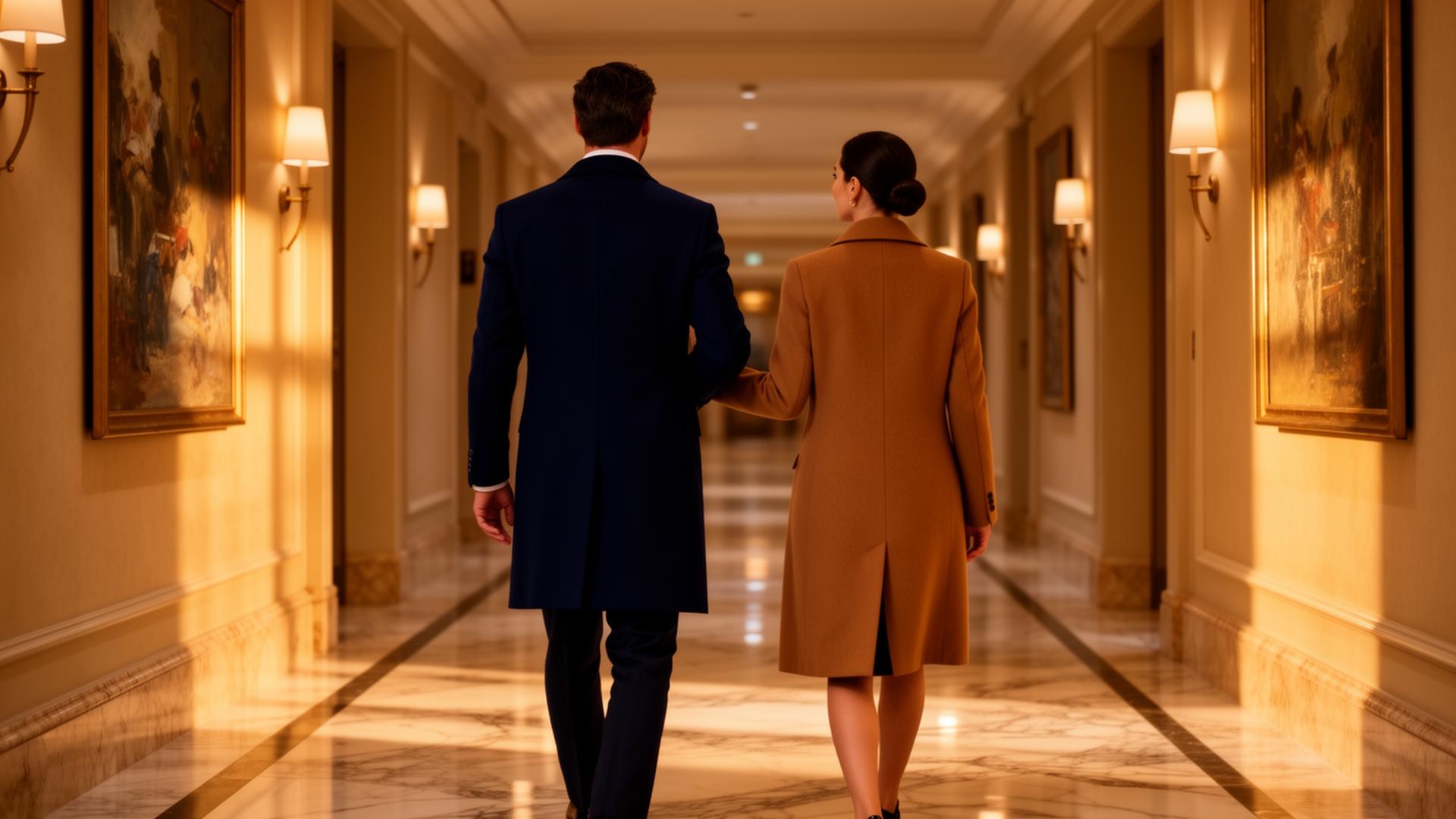 A discreet sober escort walking with a client through a softly lit luxury hotel corridor