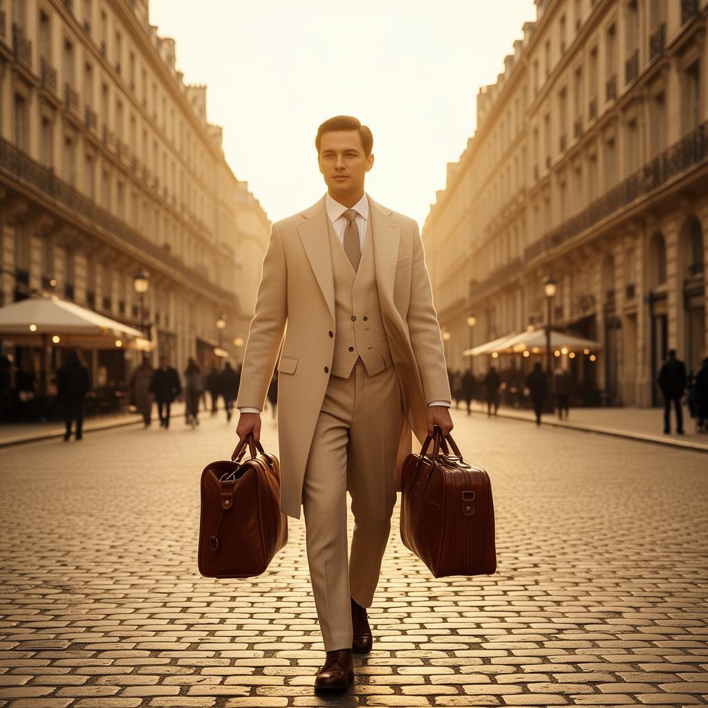 Elegant travel companion walking through a European boulevard at golden hour